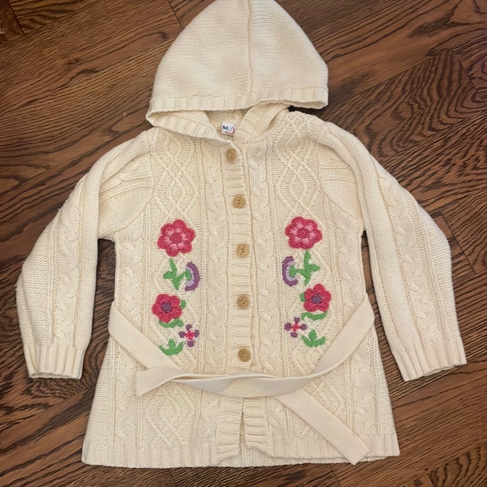 Cream Hooded Kids Sweater with Floral Design